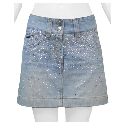 Pre-owned Dolce & Gabbana Crystal & Pearl Denim Mini Skirt In Gray