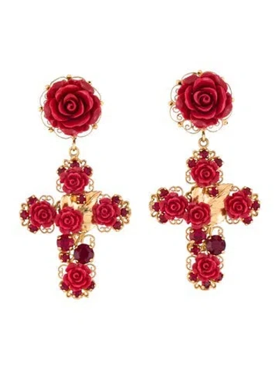 Pre-owned Dolce & Gabbana Crystal & Resin Rose Cross Clip-on Drop Earrings In Red