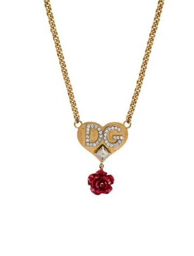 Pre-owned Dolce & Gabbana Crystal & Resin Rose Heart Pendant Necklace, 20"