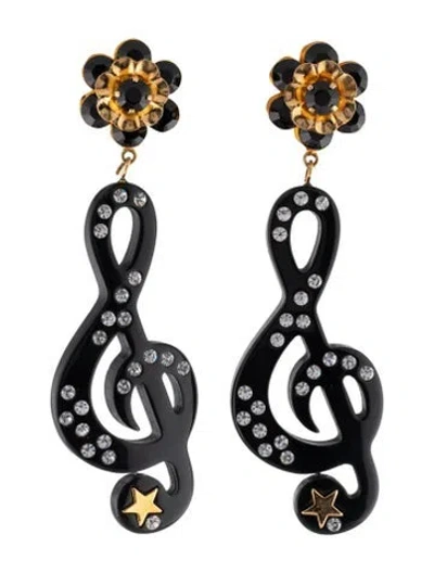 Pre-owned Dolce & Gabbana Crystal & Resin Stelle Star Treble Clef Clip-on Drop Earrings In Black