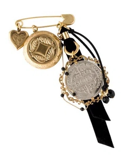 Pre-owned Dolce & Gabbana Crystal & Velvet Safety Pin Brooch In Black