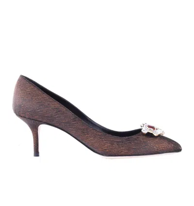 Pre-owned Dolce & Gabbana Crystal Brooch Jacquard Pumps Heels Shoes Bellucci Brown 05532