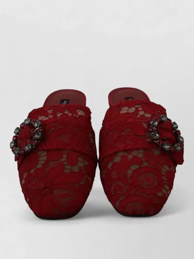Dolce & Gabbana Crystal Buckle Lace Slide Flat Mules In Red