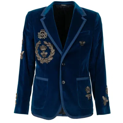 Pre-owned Dolce & Gabbana Crystal Crown Napoleon Bee Velvet Blazer Jacket Blue Silver