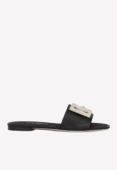 Dolce & Gabbana Crystal Dg Bianca Slides In Leather In Black