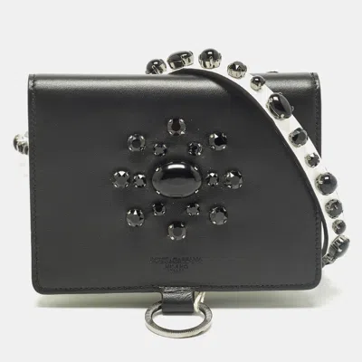 Pre-owned Dolce & Gabbana Crystal Embellished Black/white Leather Wallet On Chain