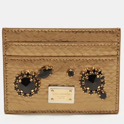 Pre-owned Dolce & Gabbana Crystal Embellished Gold Snakeskin Embossed Leather Card Holder