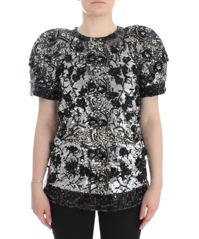 Dolce & Gabbana Black Sequined Crystal Embellished Top Blouse In Silver