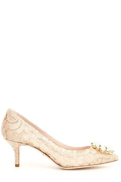 Dolce & Gabbana Crystal Embellished Lace Pumps In White