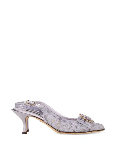 Pre-owned Dolce & Gabbana Crystal-embellished Lace Slingback Pumps In Purple