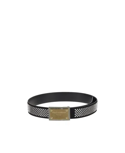 Dolce & Gabbana Crystal-embellished Logo-buckle Belt In Black