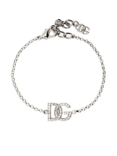 Dolce & Gabbana Crystal-embellished Logo-charm Bracelet In Silver