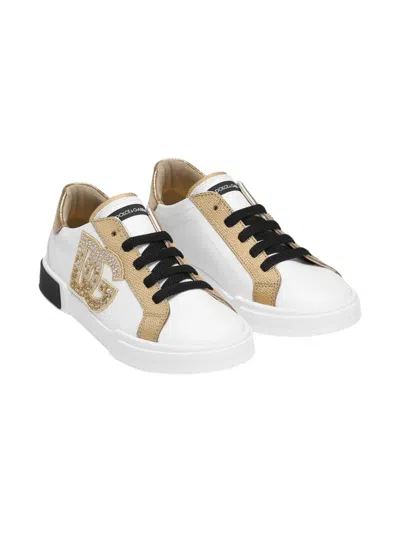 Dolce & Gabbana Kids' Crystal-embellished Logo Sneakers In White