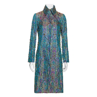 Pre-owned Dolce & Gabbana Crystal Embellished Metallic Silk Brocade Evening Coat, Ss 2000 In Gray