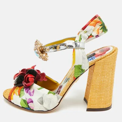Pre-owned Dolce & Gabbana Crystal Embellished Size 37 Multicolor Floral Fabric And Raffia Ankle Strap Sandals
