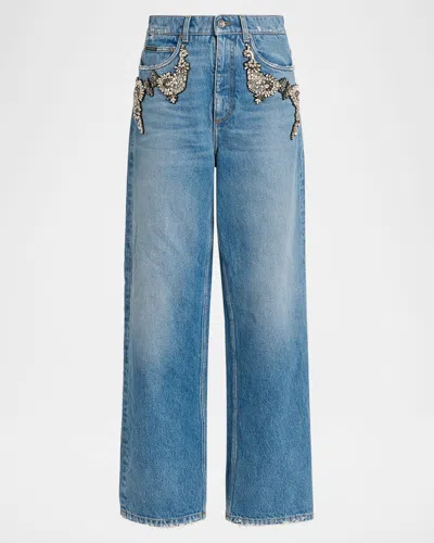 Dolce & Gabbana Crystal Embellished Straight-leg Jeans In Blue