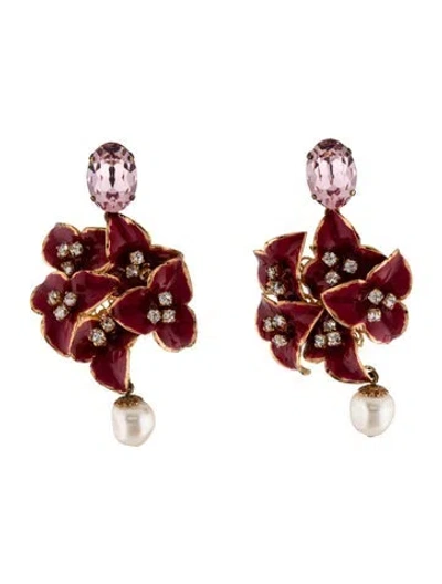 Pre-owned Dolce & Gabbana Crystal, Enamel & Faux Pearl Floral Clip-on Earrings In Pink