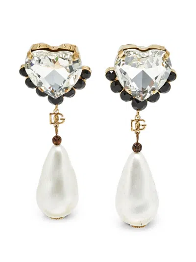 Pre-owned Dolce & Gabbana Crystal Faux-pearl Earrings In Gold