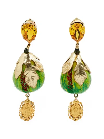 Pre-owned Dolce & Gabbana Crystal Fig-shaped Clip-on Earrings In Gold