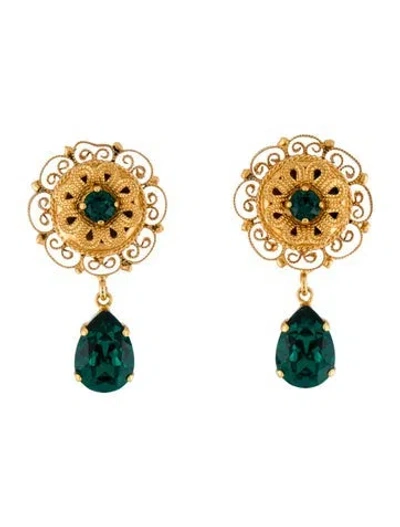 Pre-owned Dolce & Gabbana Crystal Filigree Flower Drop Earrings In Green