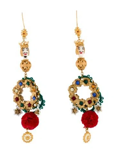 Pre-owned Dolce & Gabbana Crystal Floral Pupi Doll Dangling Hook Drop Earrings W/ Tags