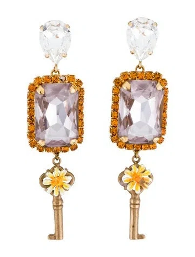 Pre-owned Dolce & Gabbana Crystal Flower & Key Clip-on Drop Earrings