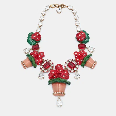 Pre-owned Dolce & Gabbana Crystal Geranium Pot Flower Necklace Chocker Gold Tone Red Green Necklace
