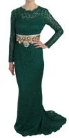 Dolce & Gabbana Crystal Gold Belt Lace Sheath Gown Women's Dress In Green