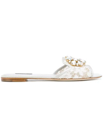 Dolce & Gabbana Lace Crystal Ornament Slide Sandals In Ice