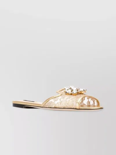 Dolce & Gabbana Crystal Lace Flat Sandals With Floral Pattern In Gold