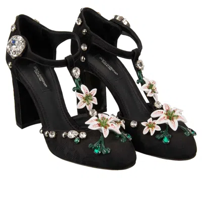 Pre-owned Dolce & Gabbana Crystal Lily Brooch Brocade Ankle Strap Pumps Vally Black 13073