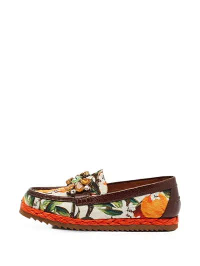Pre-owned Dolce & Gabbana Crystal-embellished Brocade Loafers In White