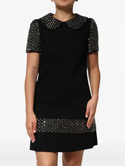 Dolce & Gabbana Crystal-embellished Collared Mini Dress In Black