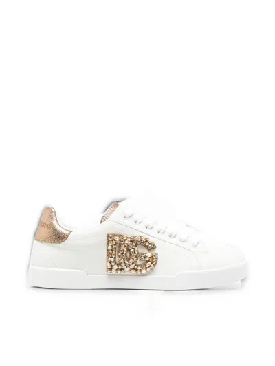 Dolce & Gabbana Portofino Leather Sneakers Contrast Heel Low In White