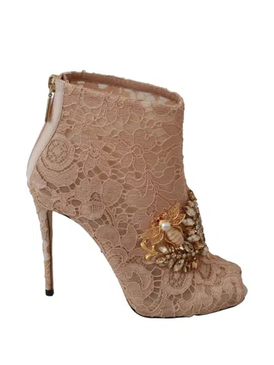 Dolce & Gabbana Crystal Lace Stiletto Booties Peep Toe In Neutral