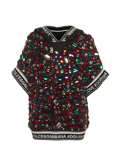Pre-owned Dolce & Gabbana Crystal-embellished Short-sleeve Hoodie In Black