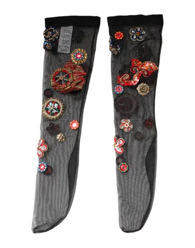 Dolce & Gabbana Crystal-embellished Stretch Nylon Stockings In Black