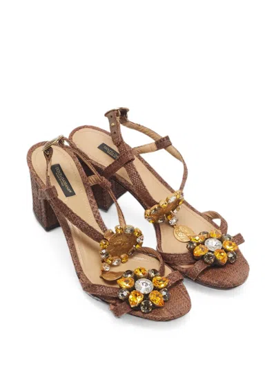 Pre-owned Dolce & Gabbana Crystal-embellished T-strap Sandals In Brown