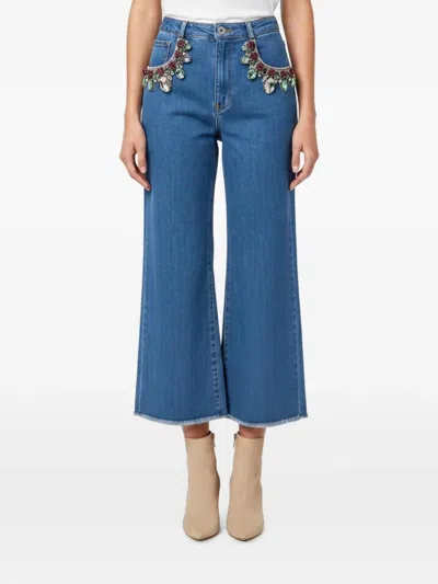 Pre-owned Dolce & Gabbana Crystal-embellished Wide-leg Cropped Jeans In Blue