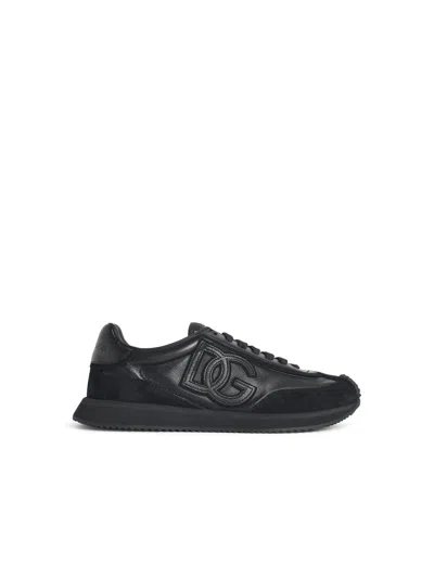 Dolce & Gabbana Round Toe Leather Sneakers With Suede Accents In Black