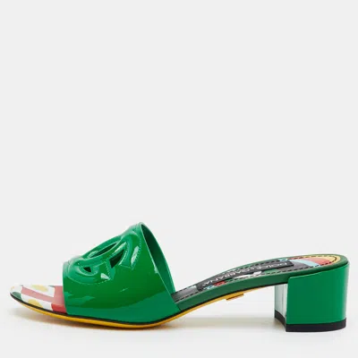 Pre-owned Dolce & Gabbana Cut Out Dg Logo Size 36 Green Patent Leather Slide Sandals