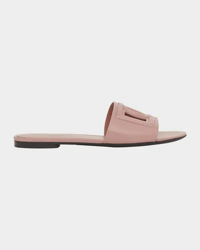 Dolce & Gabbana Women Pink Slide Sandals With Cut Out Logo In Leather Woman