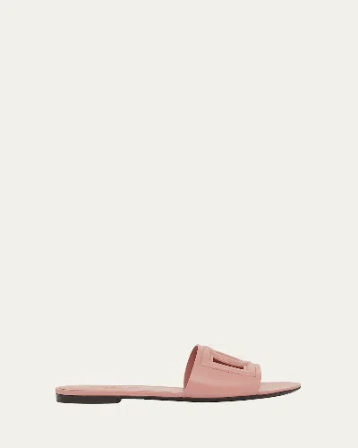 Dolce & Gabbana Women Pink Slide Sandals With Cut Out Logo In Leather Woman