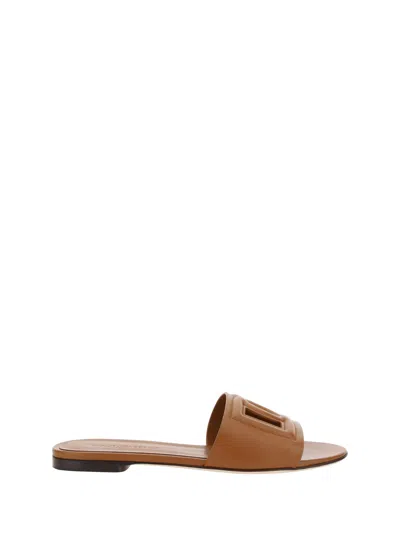 Dolce & Gabbana Slide Sandals With Cut Out Logo In Leather Woman In Brown