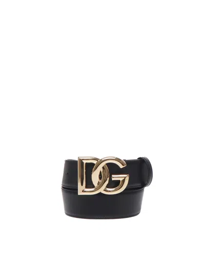Dolce & Gabbana D&g Logo Gold Belt In Nero