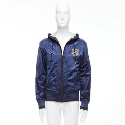 Pre-owned Dolce & Gabbana D&g Navy Nylon Grey Cotton Lined Gold Varsity Logo Hooded Zip Up It46 S In Gray