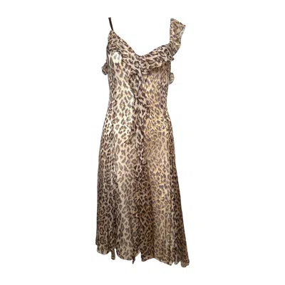Pre-owned Dolce & Gabbana D&g S/s 2001 Leopard-print Ruffled Slip Midi Dress In Brown