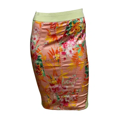 Pre-owned Dolce & Gabbana D&g S/s 2005 Peach Tropical Floral Panelled Lace-insert Pencil Skirt In Brown