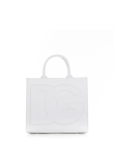 Dolce & Gabbana Daily Small White Leather Shopping Bag In Bianco Ottico
