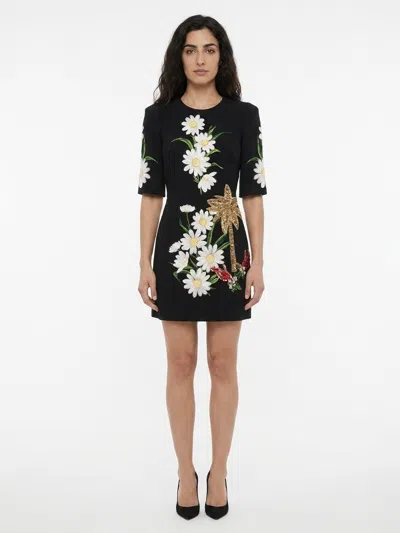 Dolce & Gabbana Daisy-embroidered Wool Dress In Black